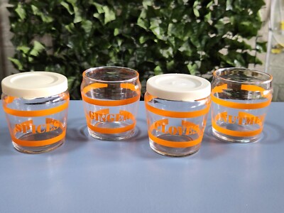 4 X VINTAGE MID CENTURY 1960'S ORANGE PRINT GLASS SPICE JARS - 7CM - GINGER JAR-image