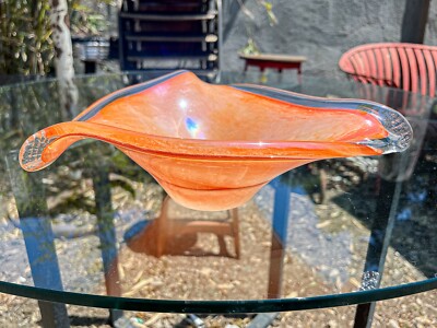 Italian Mid-Century Murano Large Freeform Triangle Glass Bowl Orange White-image
