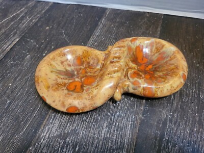 Mid-Century Modern Vintage Drip Glaze Ceramic Double Ashtray Tan & Orange  WOW!-image