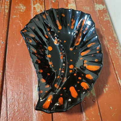 Mid Century Handmade Ashtray Leaf Shape Black and Orange Drip Holds 12 Cigarette-image