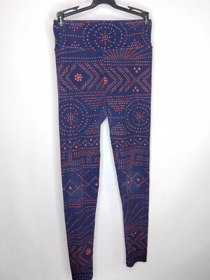 LuLaRoe Women's Leggings Navy Blue Orange Mid Rise Stretch One Size Pre-Owned-image