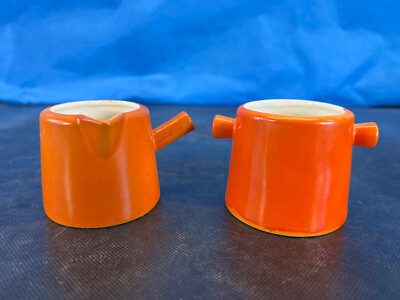 Vintage Sugar Bowl Creamer Set Orange Japan Mid Century Perfection Simple Small-image