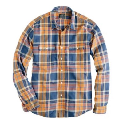 J Crew Mens Orange Navy Mid-weight Flannel Shirt Plaid Large-image