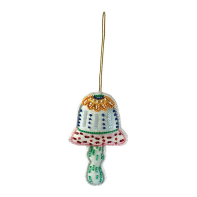 Creative Co-op White & Green Cotton Beaded Mushroom Ornament Bauble-image