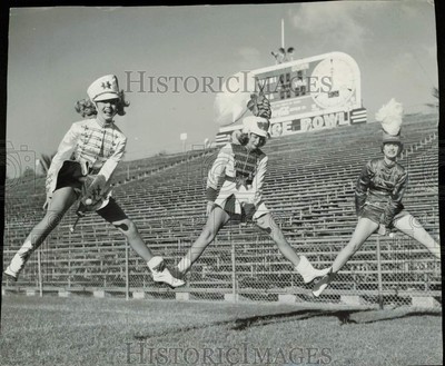 1950 Press Photo Majorettes in Mid-Air at Orange Bowl in Miami, Florida-image