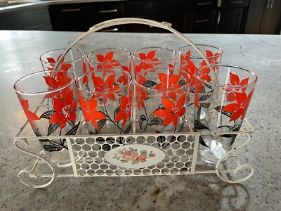 Vintage set of 8 orange/black flowers mid-century modern with white caddie-image