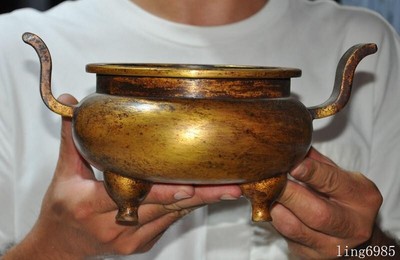 Mark China Buddhism temple purple bronze Gilt joss Incense burner Censer-image