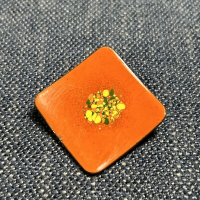 Vintage Enamel Mid Century Modern Square Orange Artisan Brooch Pin On Brass-image