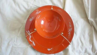 Vintage Mid Century Lacquer Ware Chip Dip Tray in Metal Stand Orange Black -image