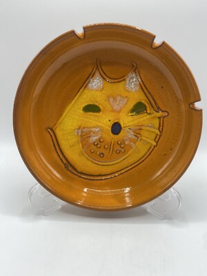 Italian Ceramic Ashtray Abstract Cat Head Mid Century Modern Orange 8.75” /ro-image