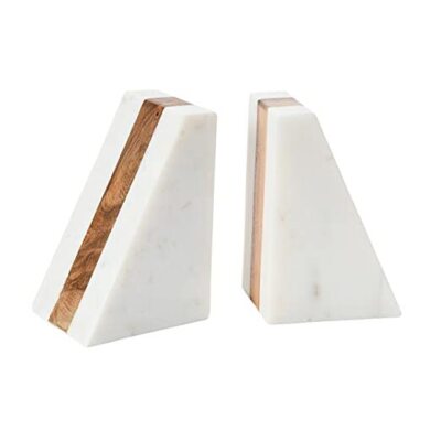 Main + Mesa Marble Geometric Bookends with Wood Inlay, White -image