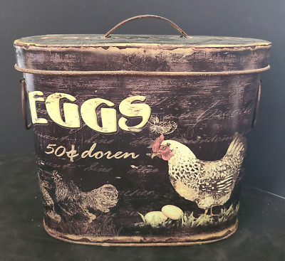 Creative Co-op Farm Fresh Eggs 50 Cents Dozen Nesting Chicken Tin Canister w/Lid-image