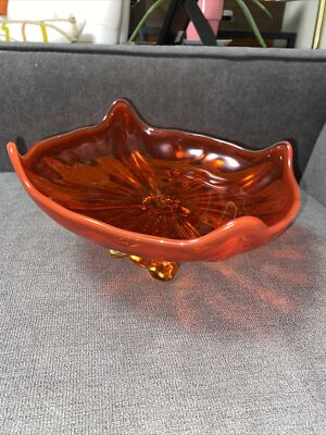 Vtg Mid Century Viking Glass Epic Bon Bon Dish Bowl  Persimmon Orange 9.5”x9.5”-image