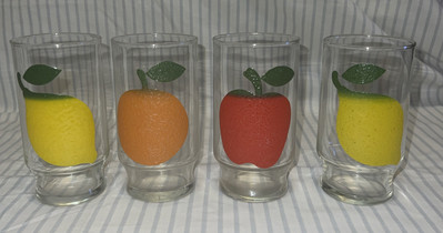 4 Vintage Mid Century Modern Textured Fruit Juice Glasses Apple  2 Lemon Orange-image