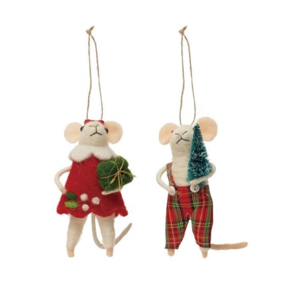 Creative Co-op - Wool Felt Mouse Holding Tree/Gift Ornament Set - XS0822A-image