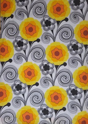 4 yards vintage fabric flowers floral orange yellow pop art mid-century 60s 70s-image