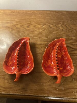 Mid Century Modern Ash Tray  Ceramic Leaf Orange Gold USA Lot Of 2 Chips-image