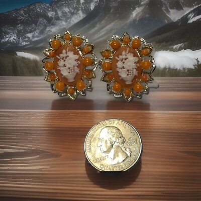 Vintage Mid Century Floral Cameo Bouquet w/ Orange Bead Screwback Clip Earrings-image