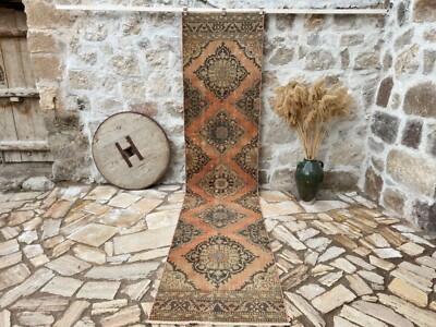 Hand-Woven Oushak Runner Carpet 3x13 Orange Wool Geometric Rug Hallway Isparta-image