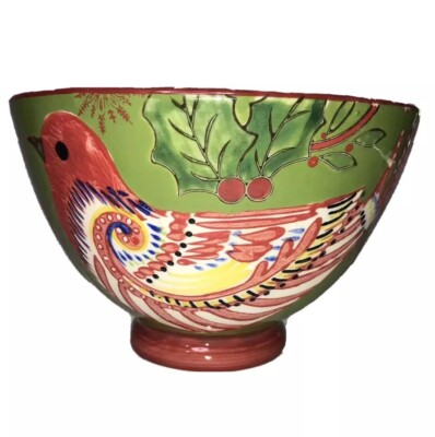 Kate McRostie Handpainted Ceramic Bowl Dish Bird & Holly Creative Co-Op Holiday-image