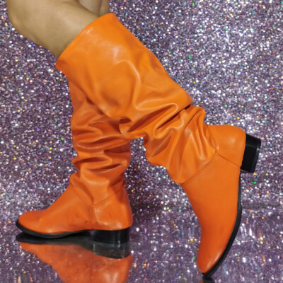 Stylish Womens Handmade Mid-calf Boots Round Toe Pleated Cosplay Boots Low Heels-image