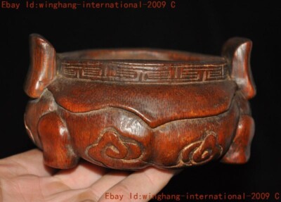 China Buddhism temple bamboo root Carved Joss Incense burner Censer statue-image