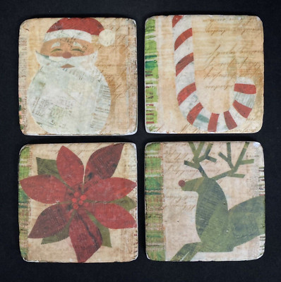 Ceramic Coasters Phoenix Creative Co Christmas Primitive Folk Art Style Set of 4-image