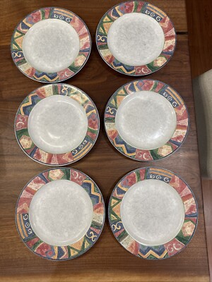 Furio Mesa Dinner Plates Geometric Southwest Rim Blue Trim 10 7/8
