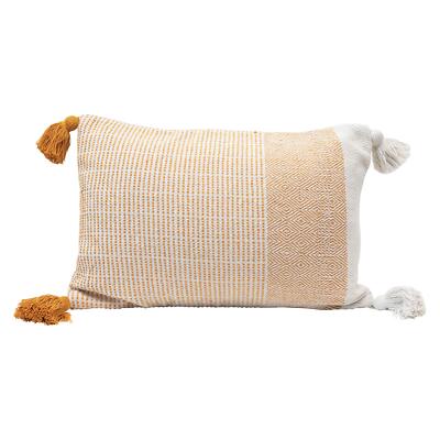 Woven Recycled Cotton Blend Lumbar Tassels, Yellow & Cream Color Pillow-image