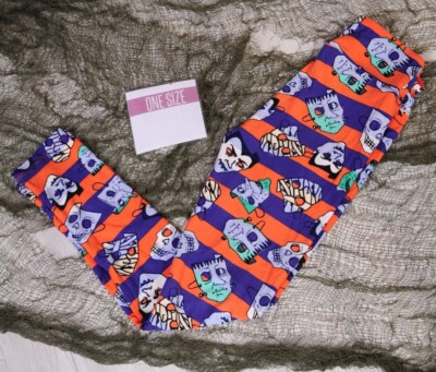 LuLaRoe OS One Size(2-10) Leggings Halloween Frankenstein/Mummy Orange/Purple-image