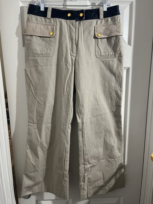 Tory Burch Joss Safari Khaki Pants Blue Cow Leather Sz 10-image