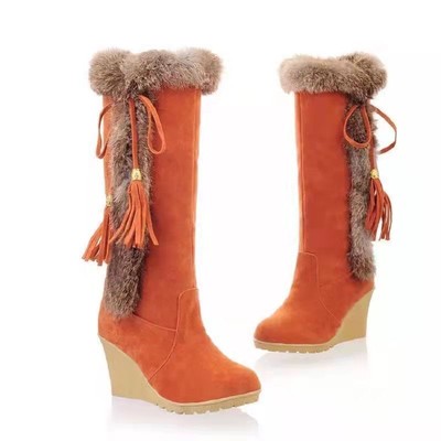 Women Knee High Boots Faux Suede Fur Boots Mid Calf Winter Snow Warm Wedge Heel-image