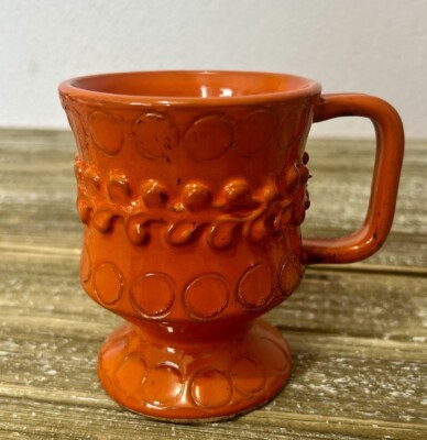 Vintage Mid Century Orange Mug Italian 1970s Boho Footed Based Ceramic Embossed-image