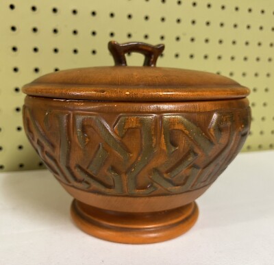 Vintage Ceramic Lidded Pot Burnt Orange Gold USA Made-image