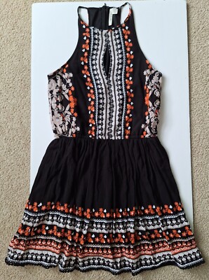miami Orange White Floral Print Black Elastic Waist Back Zipper Sexy Dress S-image