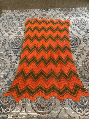Vintage Zig Zag Chevron Afghan Blanket Moody Orange Throw Mid Century Apx 78x48-image