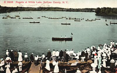 Vintage Postcard 1908 Regatta At White Lake Crowd Sullivan County New York NY-image