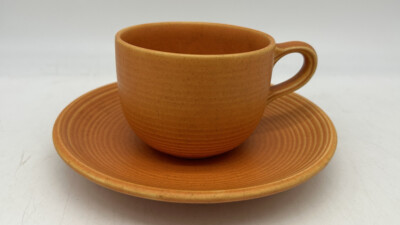 Royal Stone MCM Orange Cup & Saucer Royal China Ohio, Mid Century, Black specks-image