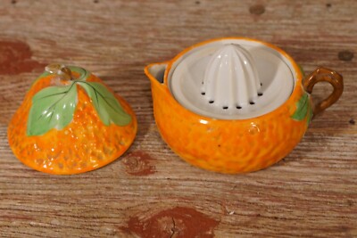 Vintage Mid Century Modern Figural Orange Reamer Juicer 3 Piece Dish Japan-image