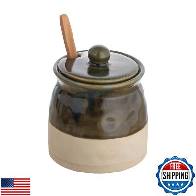 Creative Co-Op Black Stoneware Sugar Pot with Lid and Wood Spoon-image