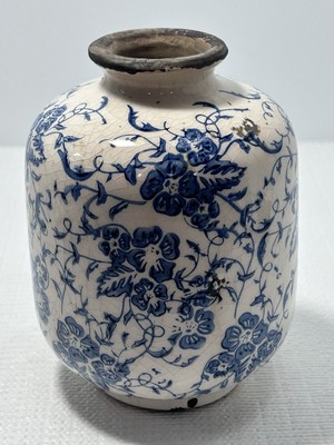 Creative Co-Op Terracotta Bud Vase Distressed Blue White Glaze 5.75” Cottagecore-image