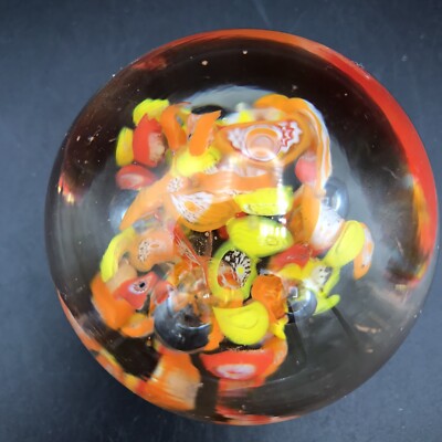 Vintage Hand Blown Yellow and  Orange Bubble Burst Glass Paperweight Retro MCM-image