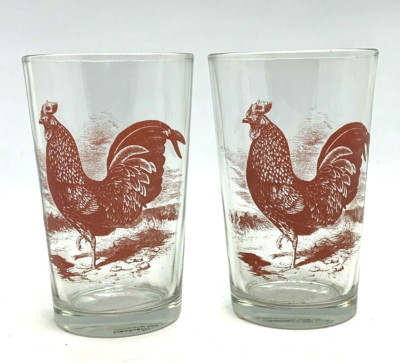 Pair Red Rooster Votive Candle Holder Juice Glass Creative Co-Op Country Kitchen-image