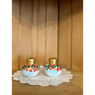 Antique Hand-Painted Floral Porcelain Shakers Orange Poppy Gold Accents-image