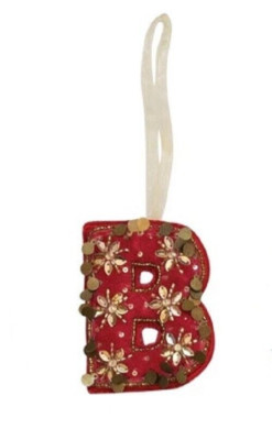 Creative Co-Op Monogram Initial Red Velvet Beaded Ornament Letter 