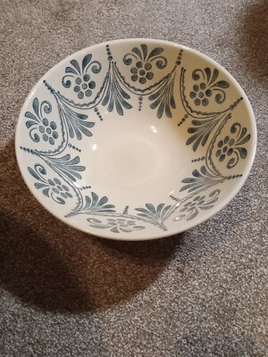 LARGE Creative Co-op Hand Painted Stoneware Bowl Floral Design Blue & Off White -image