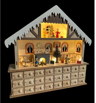 Creative Co-Op Wood Christmas Chalet LED Lighted 24 Drawer Advent Calendar 16x15-image