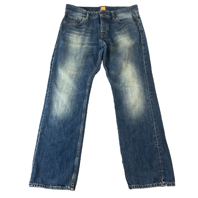 Hugo Boss Orange 25 Jeans Mens 33 30 Whiskering Mid Wash Blue Faded 100% Cotton-image