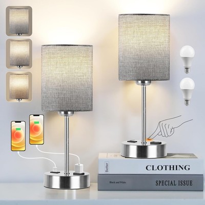 2 Lamparas De Mesa De Noche Luces Retro Gris Con Puerto USB Sala Dormitorio-image