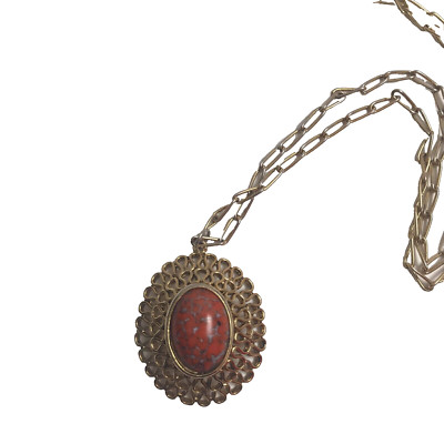 Mid Century Large Pendant Necklace Orange Cabochon Gold Tone Setting Statement-image